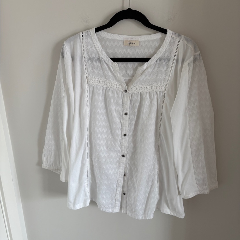 Style &Co White Textured Blouse Boho Style Cotton Blend
